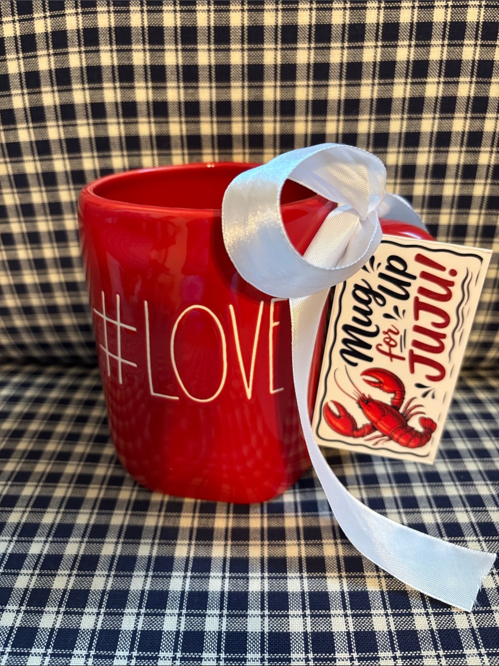 Rae Dunn Red Ceramic #LOVE Mug with White Ribbon